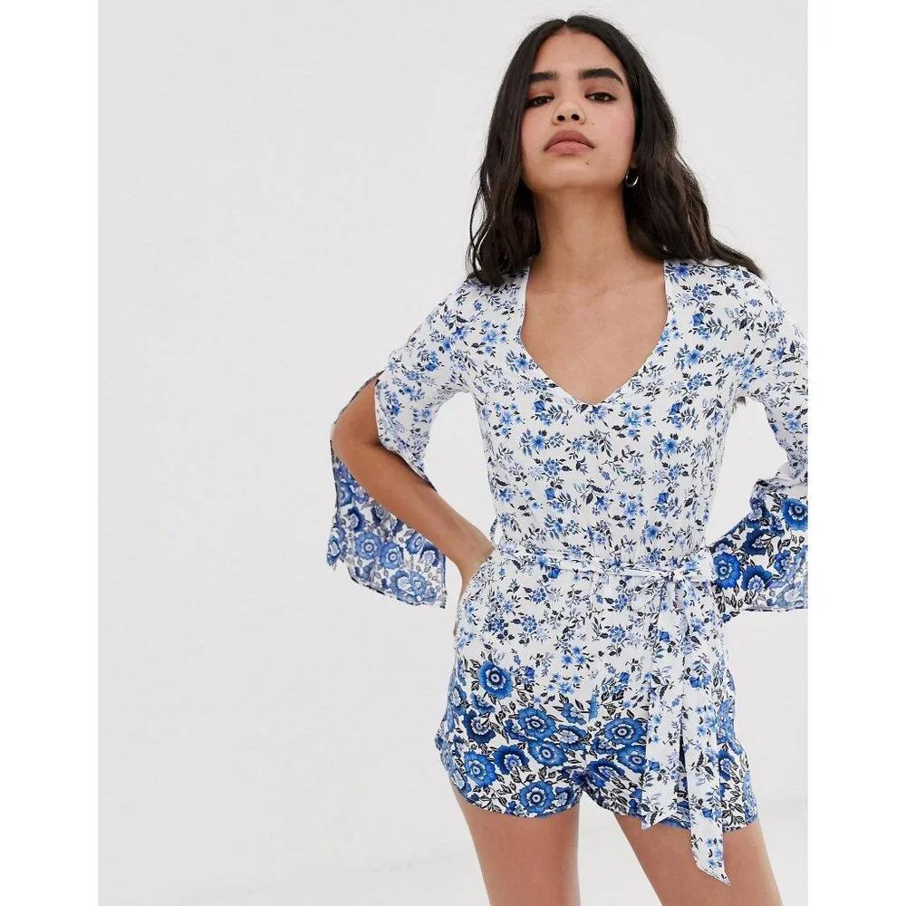 ASOS Parisian Long Sleeve Romper Size 6 Petite Floral Border Print Blue 6P